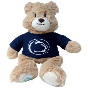 plush Ethel bear wearing navy shirt with white Penn State Athletic Logo
